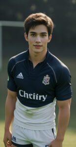 ネイビーのラグビージャージを着た若い男性が芝生の上でリラックスした表情を見せている。 / A young man in a navy rugby jersey is standing on the grass with a relaxed expression.