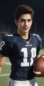 「10」番のユニフォームを着た若い男性がアメフトボールを抱えてグラウンドに立っている。 / A young man in a number 10 football uniform is holding a football and standing on the field.