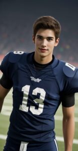 ナイトゲームのスタジアムで「13」番のアメフトユニフォームを着た若い男性が立っている。 / A young man in a number 13 American football uniform is standing in a night-time stadium.