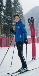 青と黒のスキーウェアを着た若い男性がスキー板を履いて雪山の斜面に立っている。 / A young man in blue and black ski wear is standing on a snowy slope wearing skis.