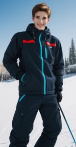 黒と赤のスキーウェアを着た若い男性がゲレンデで手をポケットに入れて立っている。 / A young man in black and red ski wear is standing on the slope with his hands in his pockets.