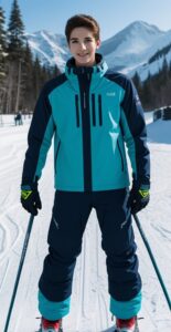 山を背景にブルーのスキーウェアを着た若い男性がスキー板を履いてポーズを取っている。 / A young man in blue ski wear is posing on skis with a mountain background.