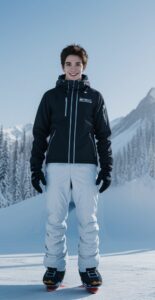 黒のジャケットと白いパンツを着た若い男性がスノーボードブーツを履いて雪上に立っている。 / A young man in a black jacket and white pants is wearing snowboard boots and standing on the snow.