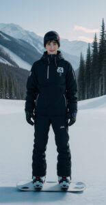 黒のスノーボードウェアを着た若い男性が雪山でボードに乗って正面を見ている。 / A young man in black snowboard wear is standing on a snowboard in the snow, looking forward.
