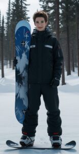 黒いスノーボードウェアを着た若い男性が雪の中でボードを縦に持って微笑んでいる。 / A young man in black snowboard wear is smiling while holding his snowboard vertically in the snow.