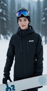 ゴーグルをつけた黒のスノーボードウェアの若い男性が白いボードを持ってカメラを見つめている。 / A young man in black snowboard wear with goggles is holding a white snowboard and looking at the camera.
