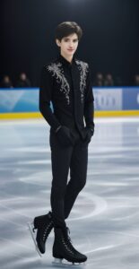 黒にシルバーの装飾が施されたスケートウェアを着た若い男性が氷上で微笑んで立っている。 / A young man in black ice skating wear with silver decorations is smiling while standing on the ice.