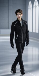 シンプルな黒のジャケットを着た若い男性がアイスリンクの中央で落ち着いた表情を見せている。 / A young man in a simple black jacket is standing calmly at the center of the ice rink.