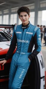 青いレーシングスーツを着た若い男性がレーシングカーの横で微笑んで立っている。 / A young man in a blue racing suit is smiling while standing next to a race car.