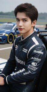 黒いレーシングスーツを着た若い男性がレーシングカーの前でカメラに向かってほほえんでいる。 / A young man in a black racing suit is smiling at the camera in front of a race car.