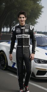 白と黒のレーシングスーツを着た若い男性がレーシングカーの前で立っている。 / A young man in a white and black racing suit is standing in front of a race car.