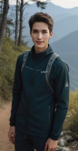 濃緑のハイキングウェアを着た若い男性が山道でリュックを背負い、微笑んでいる。 / A young man in dark green hiking wear is smiling while carrying a backpack on a mountain trail.