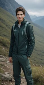 登山道で濃緑のハイキングウェアを着た若い男性が山の斜面を背景に立っている。 / A young man in dark green hiking wear is standing on a mountain path with a slope in the background.