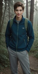 紺色のジャケットとグレーのパンツを着た若い男性が森の中でリラックスした表情を見せている。 / A young man in a navy jacket and gray pants is showing a relaxed expression in the woods.