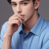 青いポロシャツを着た男性が、手で口元を覆っている上半身のポートレート A man in a blue polo shirt covering his mouth with his hand, upper body portrait