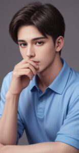 青いポロシャツを着た男性が、手で口元を覆っている上半身のポートレート A man in a blue polo shirt covering his mouth with his hand, upper body portrait
