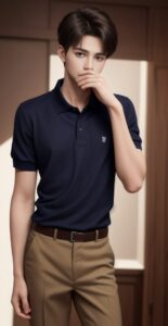 ネイビーのシャツとベージュのパンツを履いた男性が、立ち姿で手を口に当てている A standing man wearing a navy shirt and beige pants, covering his mouth with one hand