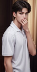白いシャツを着た男性が、口を隠すように手を当てている横向きのイラスト A man in a white shirt holding his hand over his mouth, side view illustration