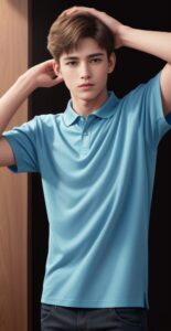 両手を頭の後ろに回した男性（青いポロシャツ） A man placing both hands behind his head, wearing a blue polo shirt