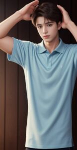 両手で頭を押さえるようにしている男性（水色のシャツ） A man holding his head with both hands, wearing a light blue shirt