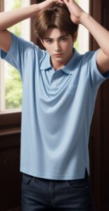 水色のシャツを着た男性が、両手を頭に当てて前屈みになっている A man in a light blue shirt bending forward slightly with both hands on his head