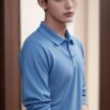 Young man clasping his own hands, standing in a hallway, wearing a light blue shirt（自分の手を握っている若い男性、廊下に立ち、淡い青のシャツを着ている）
