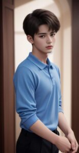 Young man clasping his own hands, standing in a hallway, wearing a light blue shirt（自分の手を握っている若い男性、廊下に立ち、淡い青のシャツを着ている）