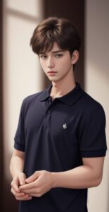 Young man with short brown hair clasping his own hands in front of his stomach, wearing a dark navy shirt（短髪の若い男性がお腹の前で自分の手を握っている、濃紺のシャツを着用）