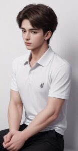 Young man in white polo shirt sitting while clasping his own hands, looking slightly downward（白いポロシャツを着た若い男性が座って自分の手を握っており、少しうつむいている）