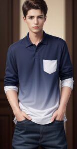 Young man with short brown hair wearing a gradient polo shirt, both hands in pants pockets, standing against a wooden wall（グラデーションのポロシャツを着た短髪の若い男性が、両手をパンツのポケットに入れて木の壁の前に立っている）