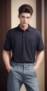 Young man in navy polo shirt standing with both hands in jeans pockets, confident expression（ネイビーポロシャツを着た若い男性が両手をジーンズのポケットに入れて立っており、自信に満ちた表情をしている）