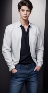 Young man wearing white jacket over dark shirt, both hands casually in pants pockets, standing indoors（濃いシャツの上に白いジャケットを羽織った若い男性が、両手をパンツのポケットに入れて室内で立っている）