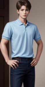 Young man in light blue polo and dark blue trousers, confidently standing with hands on hips indoors （薄青のポロシャツと紺のズボンを着た若い男性が、室内で腰に手を当てて自信ありげに立っている）