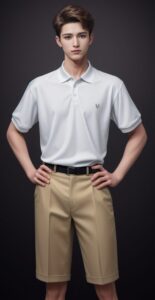 Young man wearing a white polo shirt and khaki shorts, posing with hands on hips against a dark gray wall （白いポロシャツとカーキのショートパンツを着た若い男性が、グレーの壁の前で腰に手を当ててポーズをとっている）