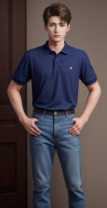Young man in navy polo and jeans, standing casually with both hands resting on his hips in front of a wooden door （ネイビーポロシャツとジーンズを着た若い男性が、木のドアの前で両手を腰に当ててカジュアルに立っている）