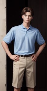 Young man wearing a light blue polo shirt and beige shorts, standing with both hands on his hips against a plain background （薄青のポロシャツとベージュのショートパンツを着た若い男性が、無地の背景の前で両手を腰に当てて立っている）