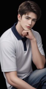 Young man in a white and navy polo shirt sitting casually with his chin resting on his hand, gazing at the camera （白とネイビーのポロシャツを着た若い男性が、手にあごを乗せてカメラを見つめながら座っている）