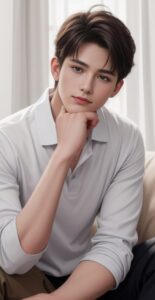 Young man in a white long-sleeve shirt resting his chin on his hand with a relaxed expression, sitting indoors （白い長袖シャツの若い男性が、室内で手にあごを乗せてリラックスした表情をしている）