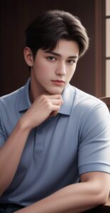 Young man in a blue polo shirt leaning on a table with his chin in his hand, looking thoughtful （青いポロシャツの若い男性がテーブルにもたれかかりながら、手にあごを乗せて考え込んでいるように見える）