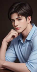 Young man in a light blue polo shirt resting his chin on his right hand, looking calmly to the side （薄青のポロシャツを着た若い男性が、右手にあごを乗せて静かに横を見ている）