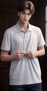 Young man in a white polo shirt slightly lifting the hem of his shirt with both hands while standing indoors （白いポロシャツを着た若い男性が、室内でシャツの裾を両手で少し持ち上げている）