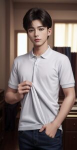 Young man in a white polo shirt pulling up the lower part of his shirt with one hand, looking ahead （白いポロシャツの若い男性が、片手で裾を持ち上げながら前を見つめている）