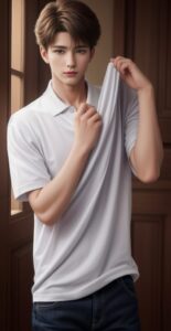 Young man in a white shirt lifting his shirt with one hand, exposing his abdomen slightly （白いシャツを着た若い男性が片手でシャツを持ち上げ、腹部を少し見せている）