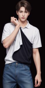 Young man lifting a white shirt with both hands to reveal a dark undershirt underneath （若い男性が白いシャツを両手で持ち上げて、下に着た黒いインナーを見せている）