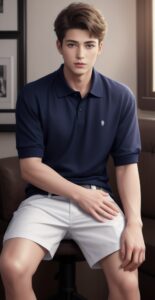 Young man sitting on a chair, resting his right hand on his knee while wearing a navy polo shirt and white shorts （紺色のポロシャツと白いショートパンツを着た若い男性が椅子に座り、右手を膝に乗せている）