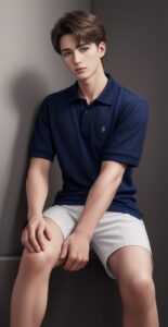 Young man in a navy polo shirt, leaning forward with one hand placed on his bent knee （紺のポロシャツ姿の若い男性が前かがみになり、曲げた膝に手を置いている）