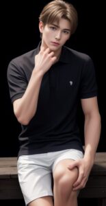 Young man in black shirt sitting on a wooden stool, resting one hand on his raised knee and the other on his face （黒のシャツを着た若い男性が木のスツールに座り、片手を膝に、もう片方を顔に添えている）
