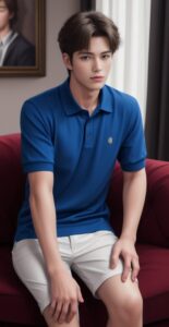 Young man sitting on a red sofa, both hands resting on his knees, looking off to the side （赤いソファに座った若い男性が両手を膝に置き、横を見つめている）