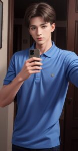 Young man in a blue polo shirt smiling slightly while taking a selfie with his phone indoors （青いポロシャツを着た若い男性が室内でスマホを持って軽く微笑みながら自撮りしている）