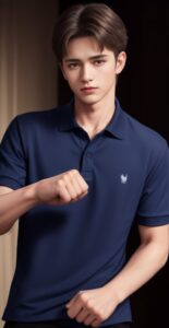 Young man in a navy polo shirt slightly raising his clenched fists while looking ahead （ネイビーのポロシャツを着た若い男性がこぶしを少し上げて前を見つめている）